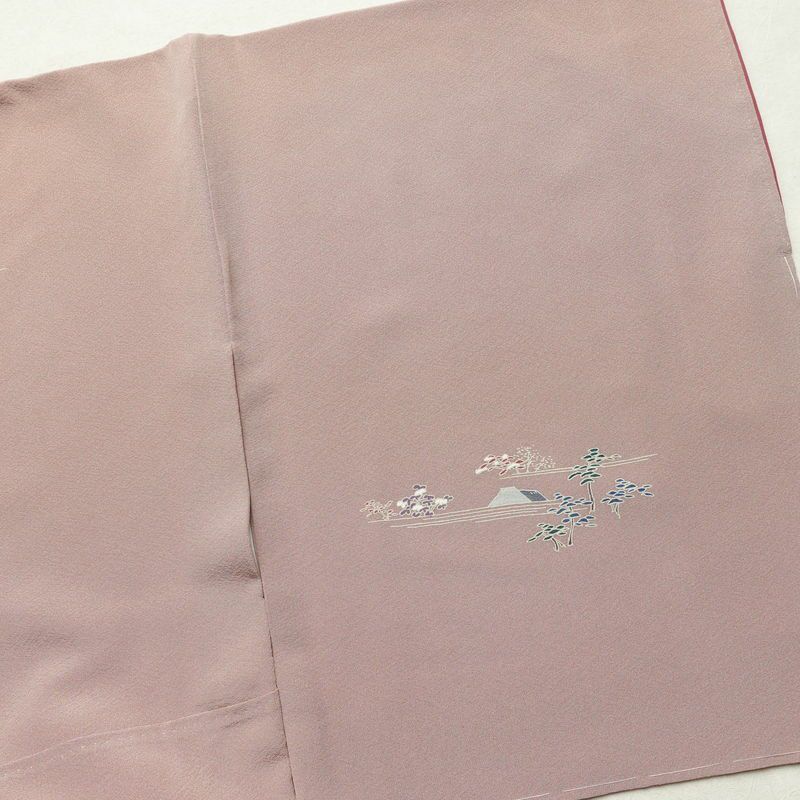 訪問着 良品 縮緬 正絹 風景柄 袷仕立て 身丈165cm 裄丈67.5cm 箔 一部しつけ糸付き フォーマル 着物 くすみピンク ピンク_画像15