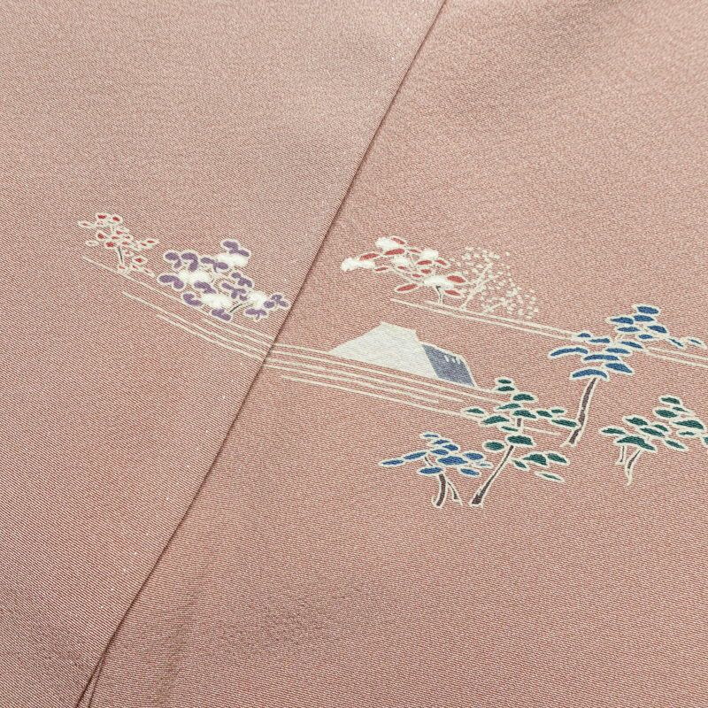 訪問着 良品 縮緬 正絹 風景柄 袷仕立て 身丈165cm 裄丈67.5cm 箔 一部しつけ糸付き フォーマル 着物 くすみピンク ピンク_画像18