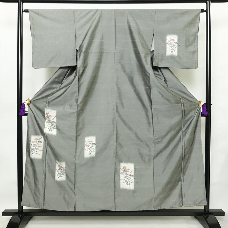 付け下げ 良品 紬地 正絹 木の葉・植物柄 袷仕立て 身丈157.5cm 裄丈64cm 着物 グレー_画像1