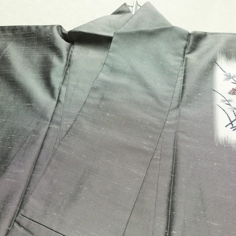 付け下げ 良品 紬地 正絹 木の葉・植物柄 袷仕立て 身丈157.5cm 裄丈64cm 着物 グレー_画像17