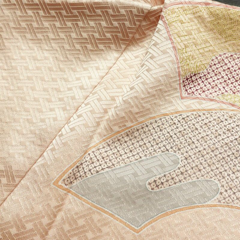 付け下げ 良品 しつけ糸付き 一つ紋付き 正絹 古典柄 袷仕立て 身丈170.5cm 裄丈68cm 箔 フォーマル 着物 扇面 ピンク_画像17