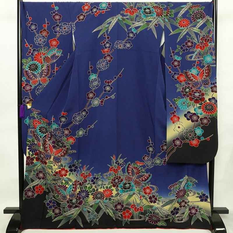 振袖 良品 縮緬 正絹 花柄 袷仕立て 身丈171cm 裄丈73cm フォーマル 蝶 着物 青・紺_画像1