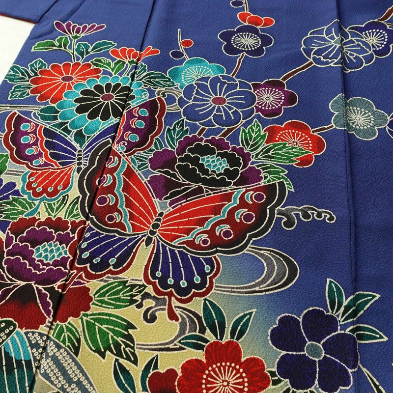振袖 良品 縮緬 正絹 花柄 袷仕立て 身丈171cm 裄丈73cm フォーマル 蝶 着物 青・紺_画像5