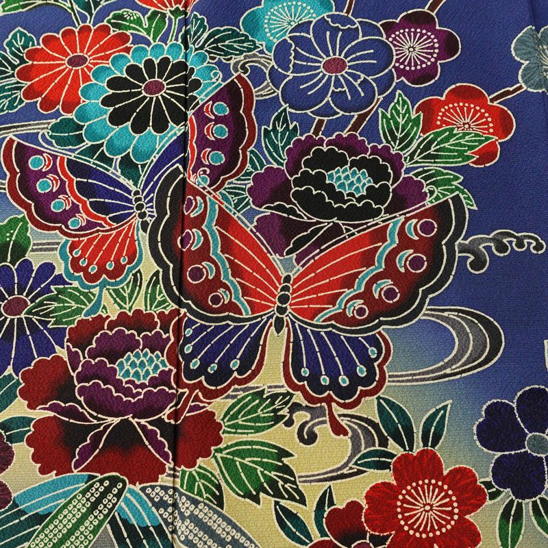 振袖 良品 縮緬 正絹 花柄 袷仕立て 身丈171cm 裄丈73cm フォーマル 蝶 着物 青・紺_画像6