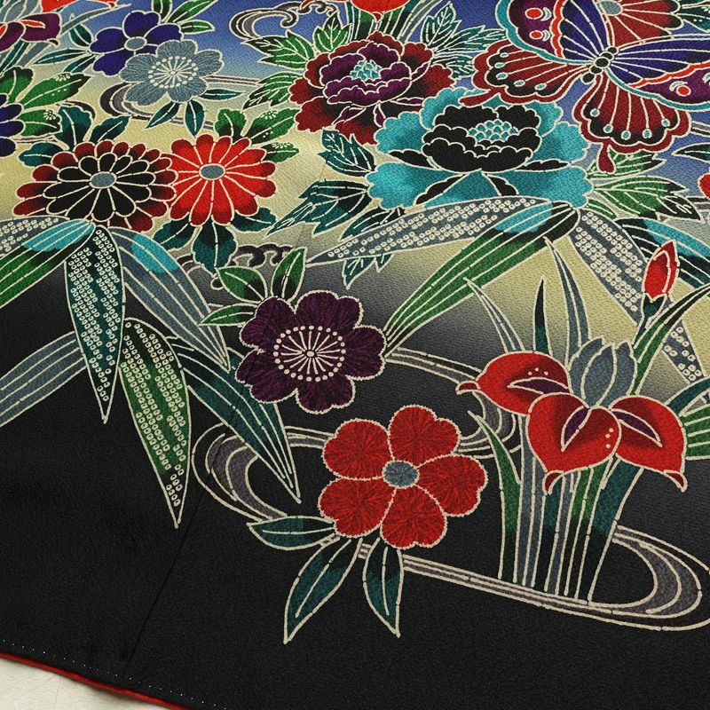 振袖 良品 縮緬 正絹 花柄 袷仕立て 身丈171cm 裄丈73cm フォーマル 蝶 着物 青・紺_画像12