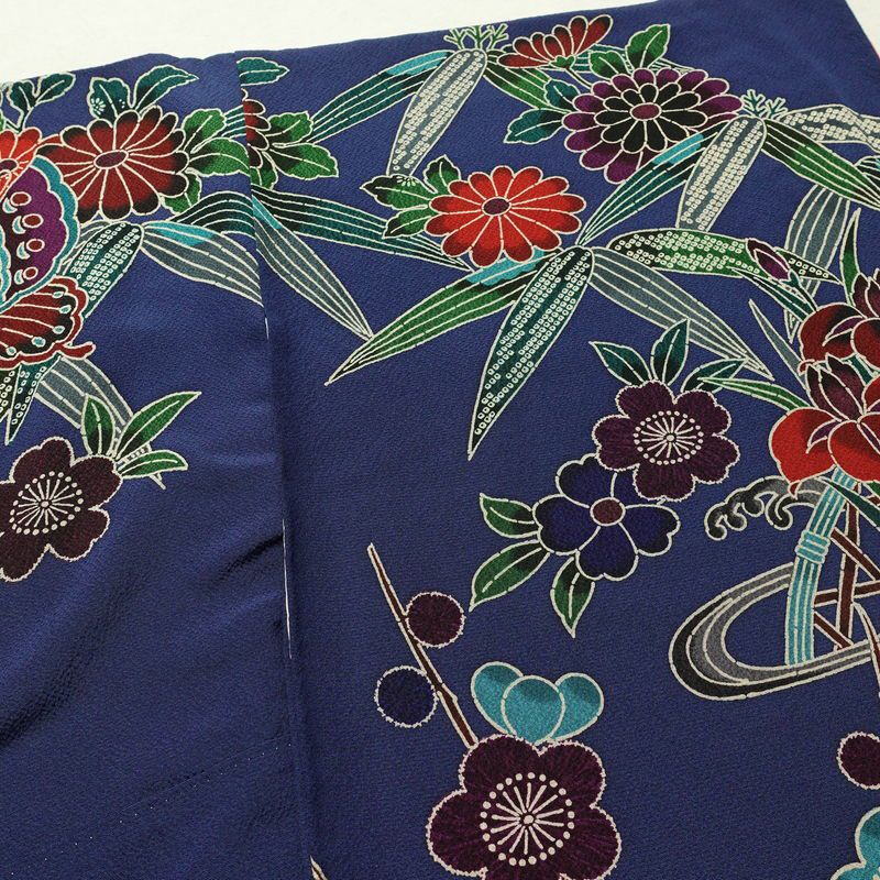 振袖 良品 縮緬 正絹 花柄 袷仕立て 身丈171cm 裄丈73cm フォーマル 蝶 着物 青・紺_画像13