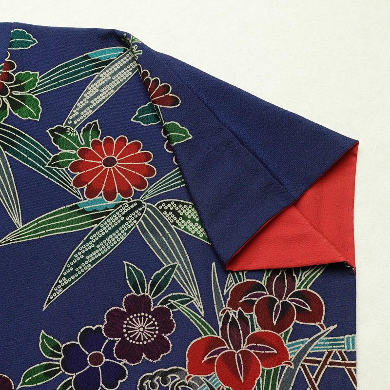 振袖 良品 縮緬 正絹 花柄 袷仕立て 身丈171cm 裄丈73cm フォーマル 蝶 着物 青・紺_画像14