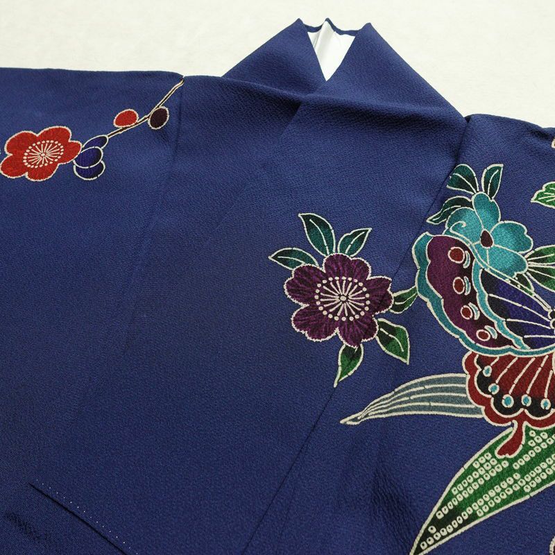 振袖 良品 縮緬 正絹 花柄 袷仕立て 身丈171cm 裄丈73cm フォーマル 蝶 着物 青・紺_画像15