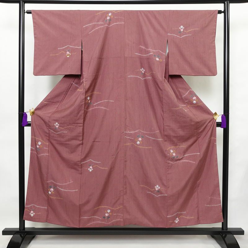 小紋 良品 紬地 絞り 正絹 幾何学柄・抽象柄 袷仕立て 身丈154.5cm 裄丈64cm 着物 紫・藤色_画像1