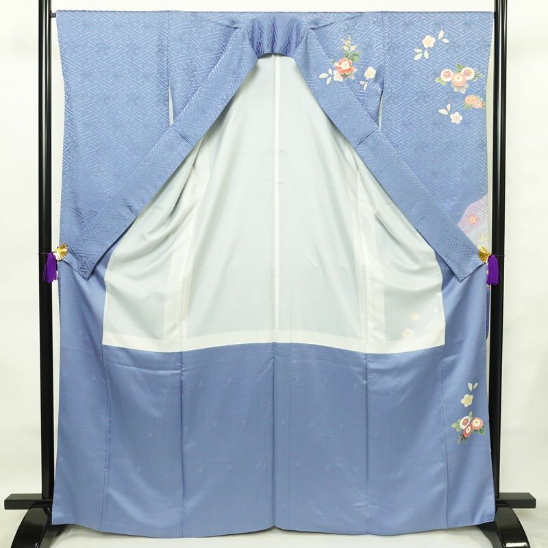 振袖 良品 落款入り 金駒刺繍 正絹 花柄 袷仕立て 身丈166.5cm 裄丈67cm 箔 金彩 着物 青・紺_画像3