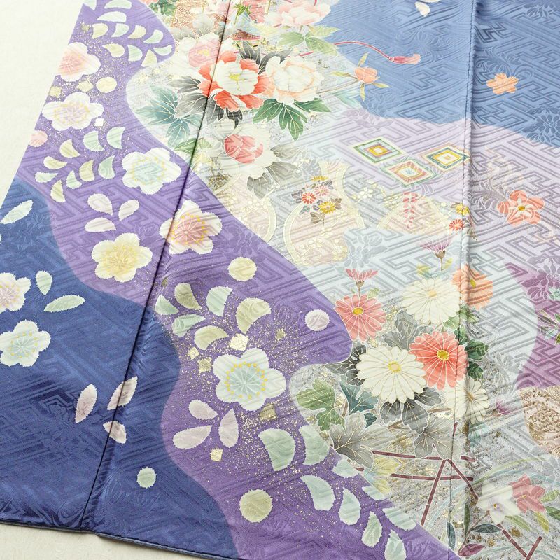 振袖 良品 落款入り 金駒刺繍 正絹 花柄 袷仕立て 身丈166.5cm 裄丈67cm 箔 金彩 着物 青・紺_画像4