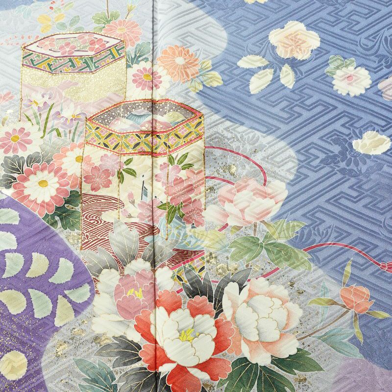 振袖 良品 落款入り 金駒刺繍 正絹 花柄 袷仕立て 身丈166.5cm 裄丈67cm 箔 金彩 着物 青・紺_画像6