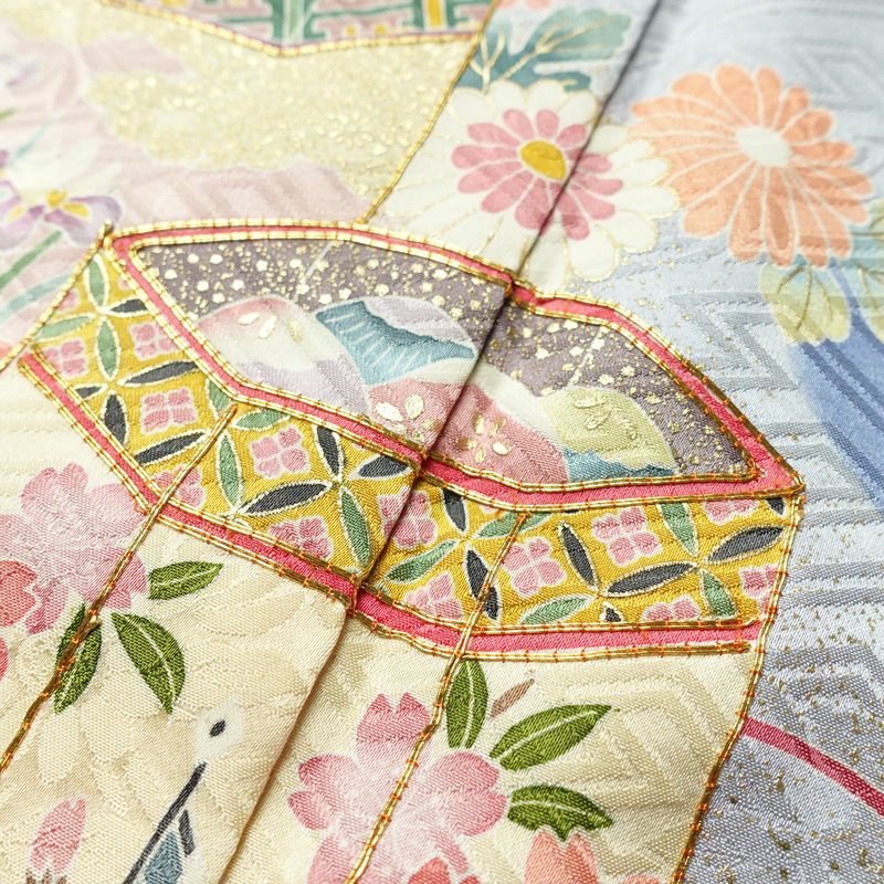 振袖 良品 落款入り 金駒刺繍 正絹 花柄 袷仕立て 身丈166.5cm 裄丈67cm 箔 金彩 着物 青・紺_画像7