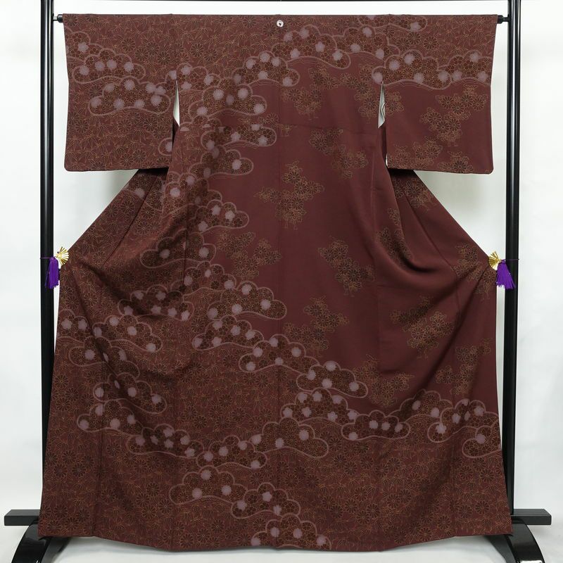 訪問着 良品 一つ紋付き 正絹 花柄 袷仕立て 身丈165cm 裄丈65cm 金彩 フォーマル 着物 小豆・エンジ_画像1