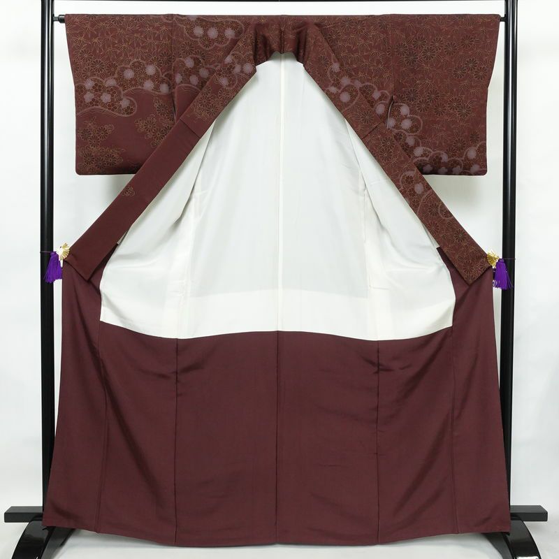 訪問着 良品 一つ紋付き 正絹 花柄 袷仕立て 身丈165cm 裄丈65cm 金彩 フォーマル 着物 小豆・エンジ_画像3