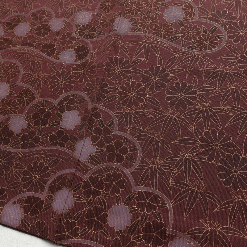 訪問着 良品 一つ紋付き 正絹 花柄 袷仕立て 身丈165cm 裄丈65cm 金彩 フォーマル 着物 小豆・エンジ_画像13