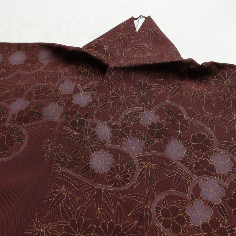 訪問着 良品 一つ紋付き 正絹 花柄 袷仕立て 身丈165cm 裄丈65cm 金彩 フォーマル 着物 小豆・エンジ_画像18