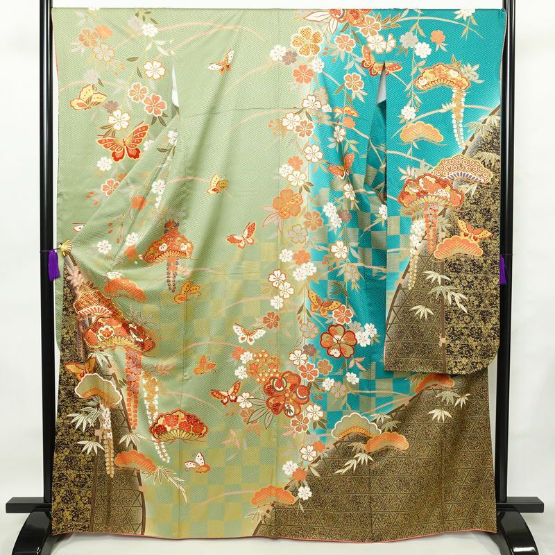 振袖 良品 金駒刺繍 セット品 長襦袢 正絹 古典柄 袷仕立て 身丈166.5cm 裄丈69cm 箔 フォーマル 着物 松 蝶 緑・うぐいす色_画像1