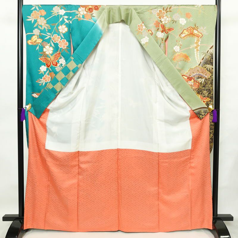 振袖 良品 金駒刺繍 セット品 長襦袢 正絹 古典柄 袷仕立て 身丈166.5cm 裄丈69cm 箔 フォーマル 着物 松 蝶 緑・うぐいす色_画像3