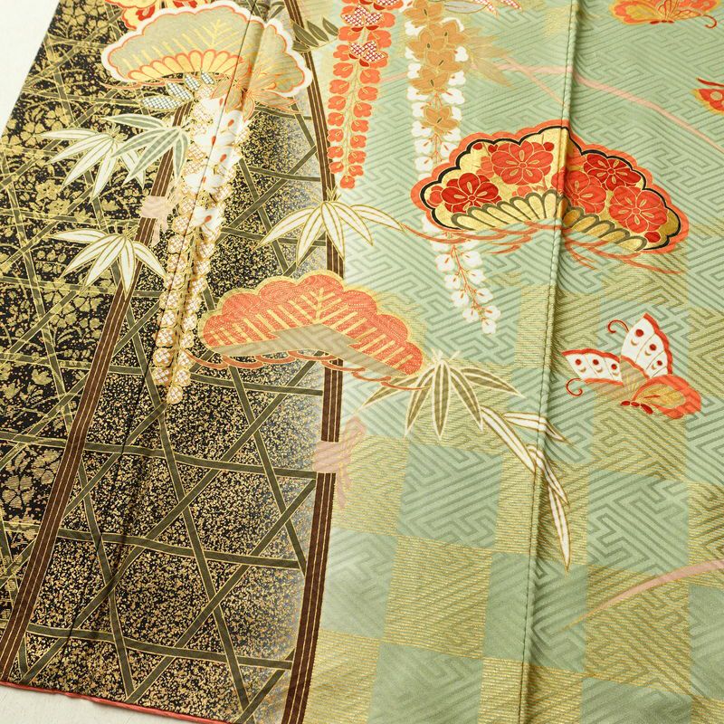 振袖 良品 金駒刺繍 セット品 長襦袢 正絹 古典柄 袷仕立て 身丈166.5cm 裄丈69cm 箔 フォーマル 着物 松 蝶 緑・うぐいす色_画像5