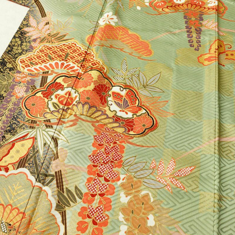 振袖 良品 金駒刺繍 セット品 長襦袢 正絹 古典柄 袷仕立て 身丈166.5cm 裄丈69cm 箔 フォーマル 着物 松 蝶 緑・うぐいす色_画像6