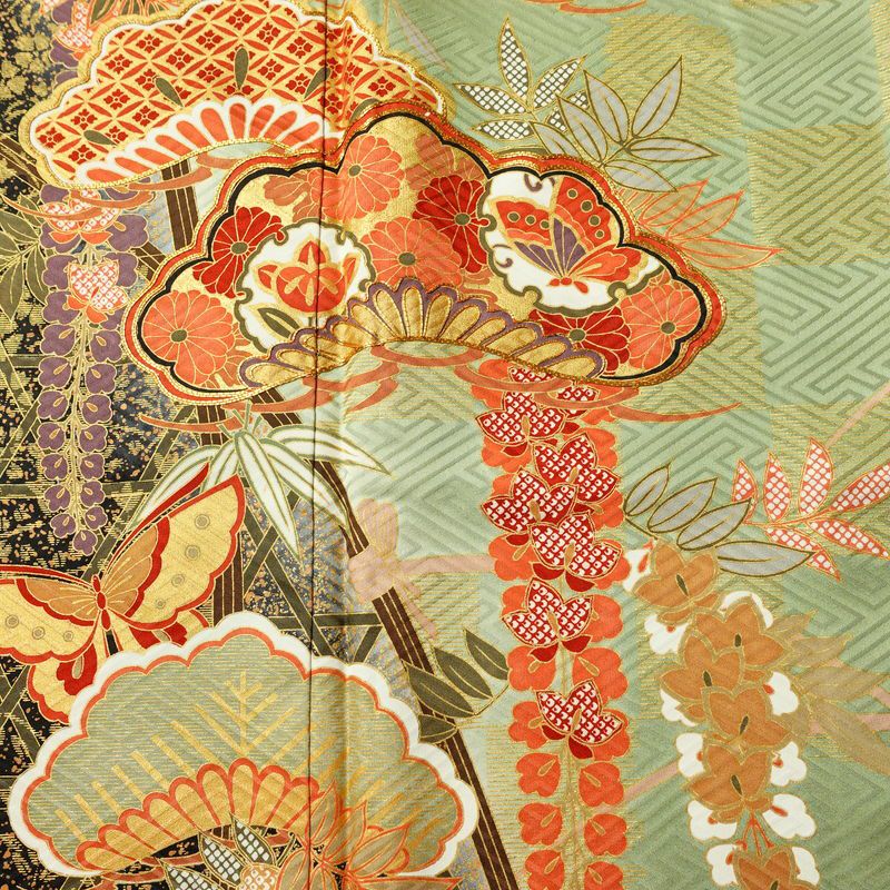振袖 良品 金駒刺繍 セット品 長襦袢 正絹 古典柄 袷仕立て 身丈166.5cm 裄丈69cm 箔 フォーマル 着物 松 蝶 緑・うぐいす色_画像7