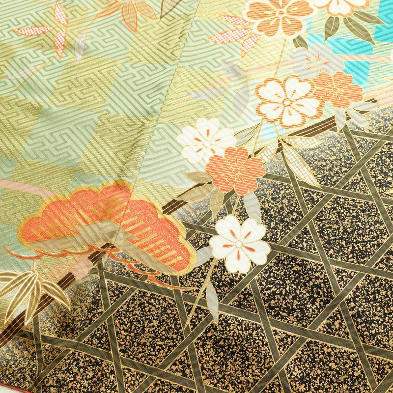 振袖 良品 金駒刺繍 セット品 長襦袢 正絹 古典柄 袷仕立て 身丈166.5cm 裄丈69cm 箔 フォーマル 着物 松 蝶 緑・うぐいす色_画像13