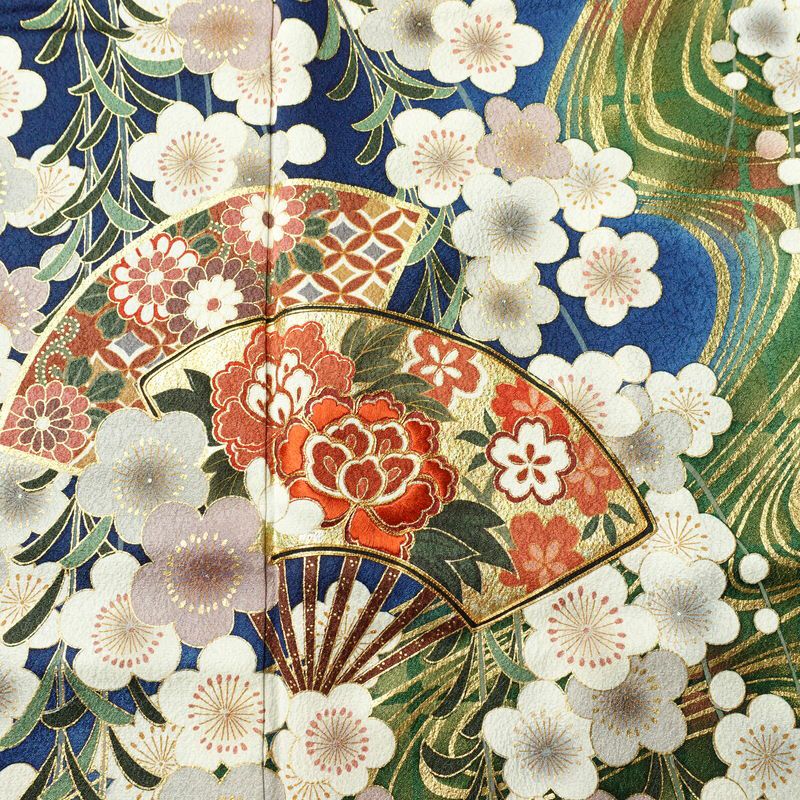 振袖 良品 金駒刺繍 正絹 古典柄 袷仕立て 身丈162cm 裄丈65.5cm 箔 金彩 梅 フォーマル 着物 青・紺_画像6