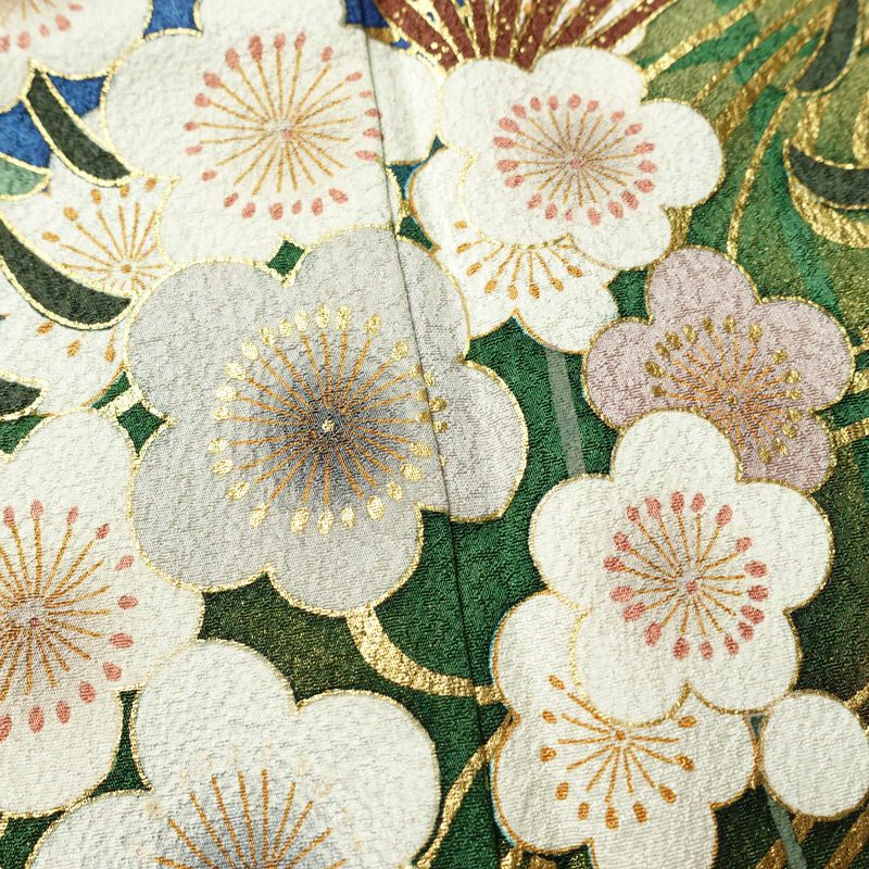 振袖 良品 金駒刺繍 正絹 古典柄 袷仕立て 身丈162cm 裄丈65.5cm 箔 金彩 梅 フォーマル 着物 青・紺_画像10