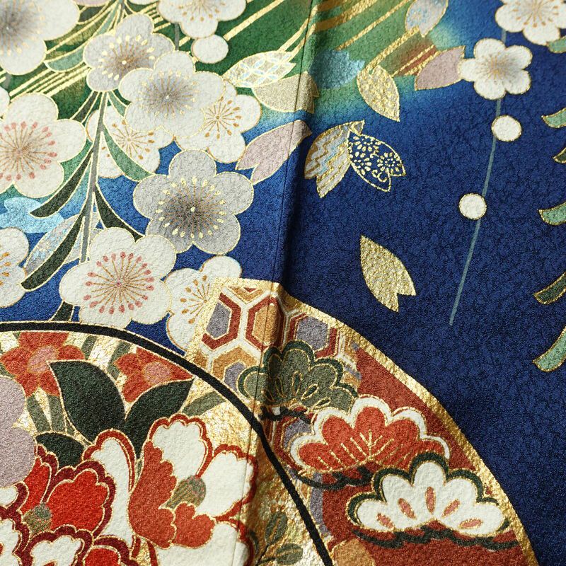 振袖 良品 金駒刺繍 正絹 古典柄 袷仕立て 身丈162cm 裄丈65.5cm 箔 金彩 梅 フォーマル 着物 青・紺_画像11