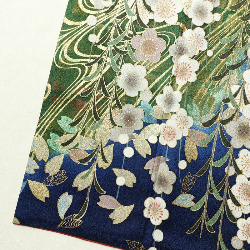 振袖 良品 金駒刺繍 正絹 古典柄 袷仕立て 身丈162cm 裄丈65.5cm 箔 金彩 梅 フォーマル 着物 青・紺_画像13