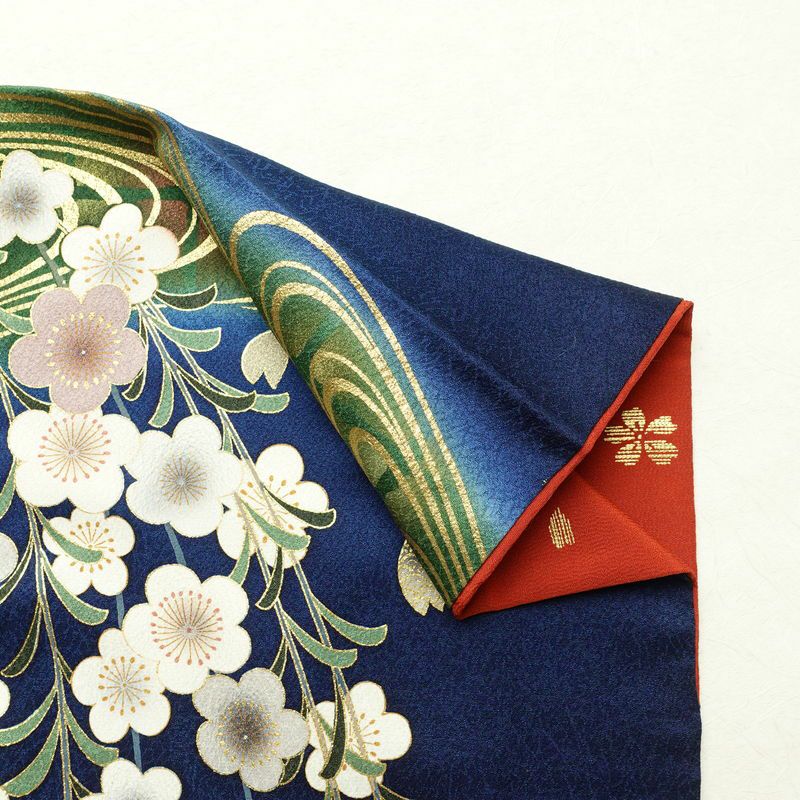 振袖 良品 金駒刺繍 正絹 古典柄 袷仕立て 身丈162cm 裄丈65.5cm 箔 金彩 梅 フォーマル 着物 青・紺_画像16