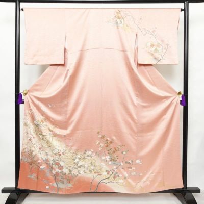 訪問着 良品 綸子 正絹 古典柄 袷仕立て 身丈158cm 裄丈65cm 箔 フォーマル 着物 ピンク