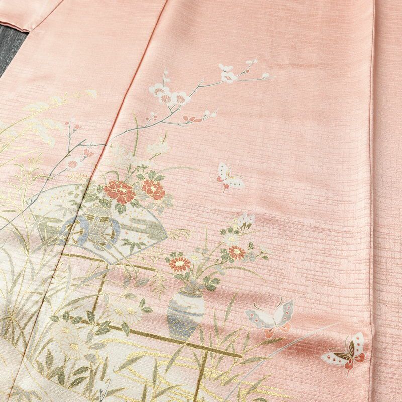 訪問着 良品 綸子 正絹 古典柄 袷仕立て 身丈158cm 裄丈65cm 箔 フォーマル 着物 ピンク_画像5