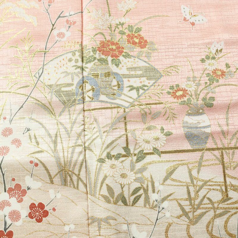 訪問着 良品 綸子 正絹 古典柄 袷仕立て 身丈158cm 裄丈65cm 箔 フォーマル 着物 ピンク_画像6