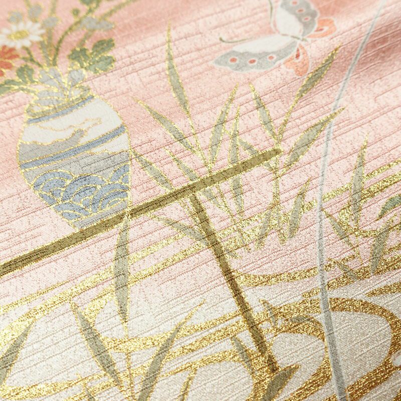 訪問着 良品 綸子 正絹 古典柄 袷仕立て 身丈158cm 裄丈65cm 箔 フォーマル 着物 ピンク_画像8