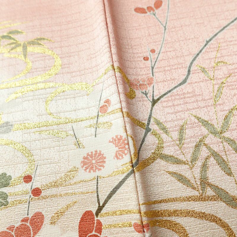 訪問着 良品 綸子 正絹 古典柄 袷仕立て 身丈158cm 裄丈65cm 箔 フォーマル 着物 ピンク_画像10