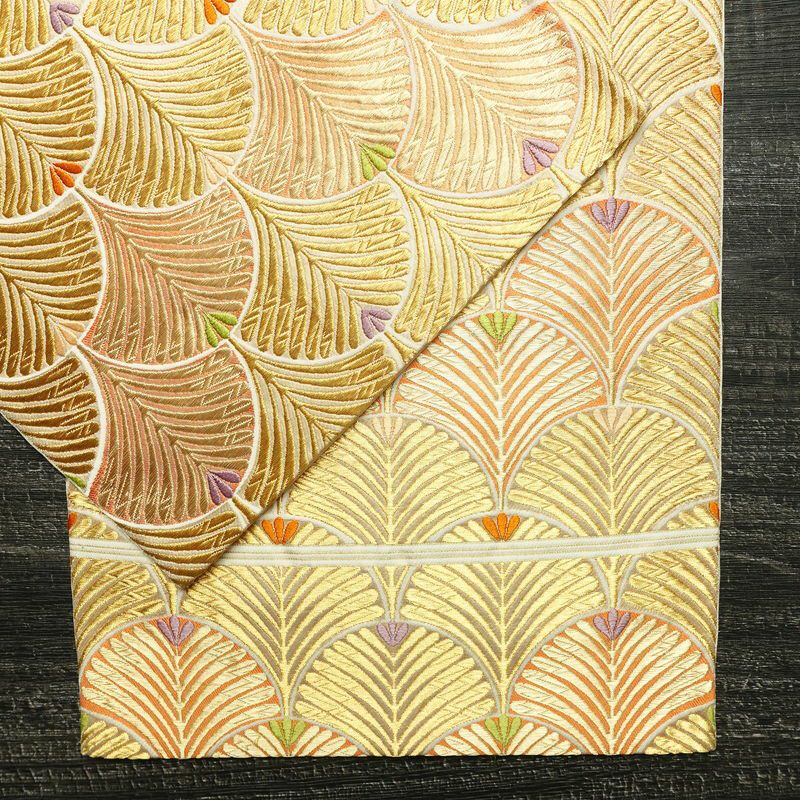 袋帯 六通柄 フォーマル用 正絹 木の葉・植物柄 金糸 帯 金・銀_画像11