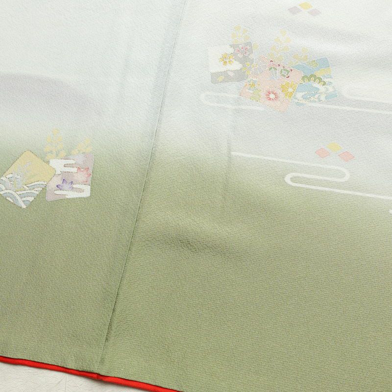 付け下げ 良品 落款入り 金駒刺繍 縮緬 正絹 古典柄 袷仕立て 身丈163cm 裄丈66cm 箔 一部しつけ糸付き フォーマル 着物 緑・うぐいす色_画像14