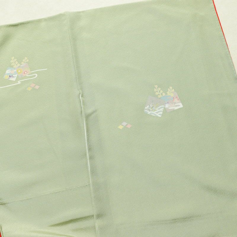 付け下げ 良品 落款入り 金駒刺繍 縮緬 正絹 古典柄 袷仕立て 身丈163cm 裄丈66cm 箔 一部しつけ糸付き フォーマル 着物 緑・うぐいす色_画像16