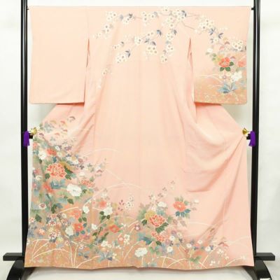 訪問着 良品 縮緬 正絹 花柄 袷仕立て 身丈162.5cm 裄丈66.5cm 金彩 フォーマル 着物 ピンク