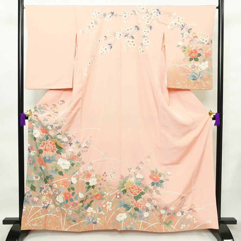 訪問着 良品 縮緬 正絹 花柄 袷仕立て 身丈162.5cm 裄丈66.5cm 金彩 フォーマル 着物 ピンク_画像1