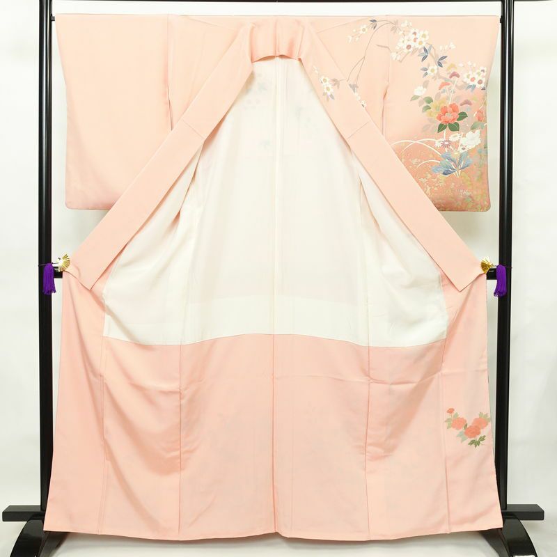 訪問着 良品 縮緬 正絹 花柄 袷仕立て 身丈162.5cm 裄丈66.5cm 金彩 フォーマル 着物 ピンク_画像3