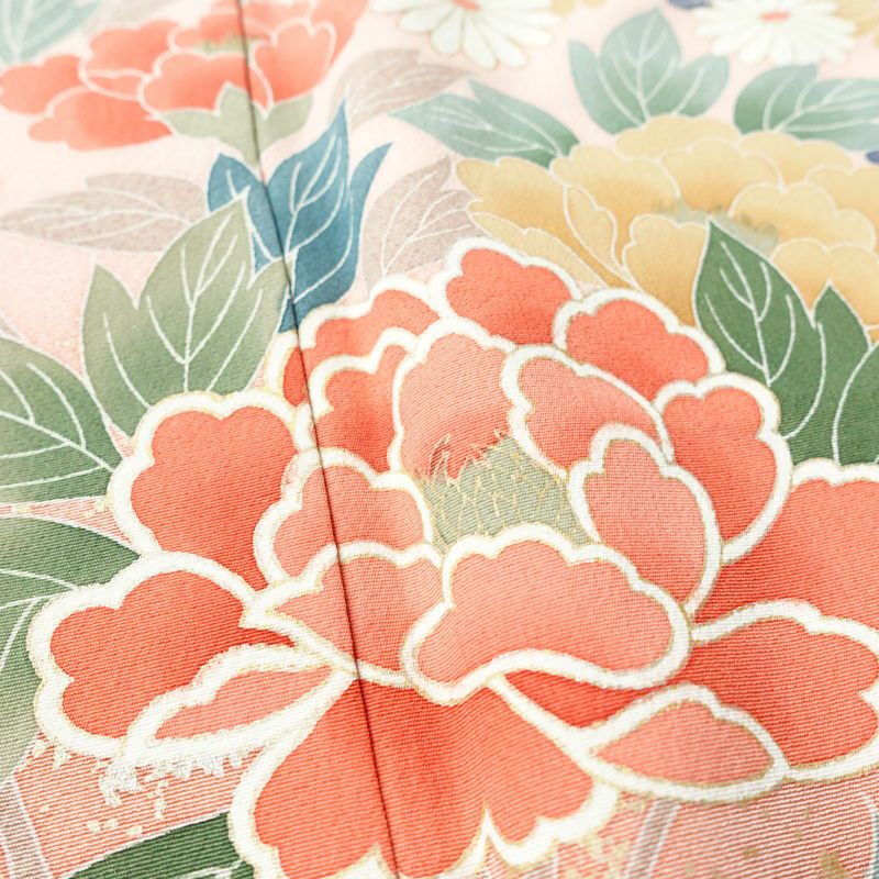 訪問着 良品 縮緬 正絹 花柄 袷仕立て 身丈162.5cm 裄丈66.5cm 金彩 フォーマル 着物 ピンク_画像7