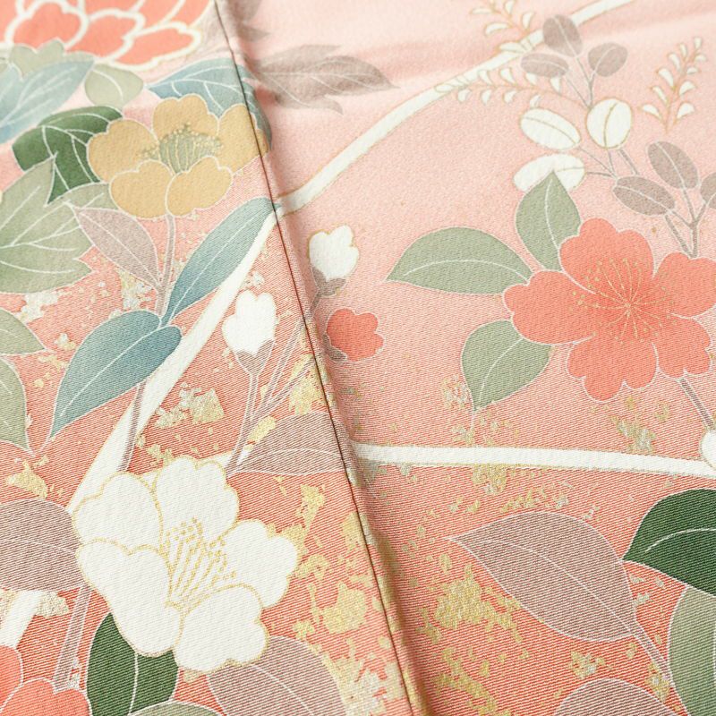訪問着 良品 縮緬 正絹 花柄 袷仕立て 身丈162.5cm 裄丈66.5cm 金彩 フォーマル 着物 ピンク_画像10