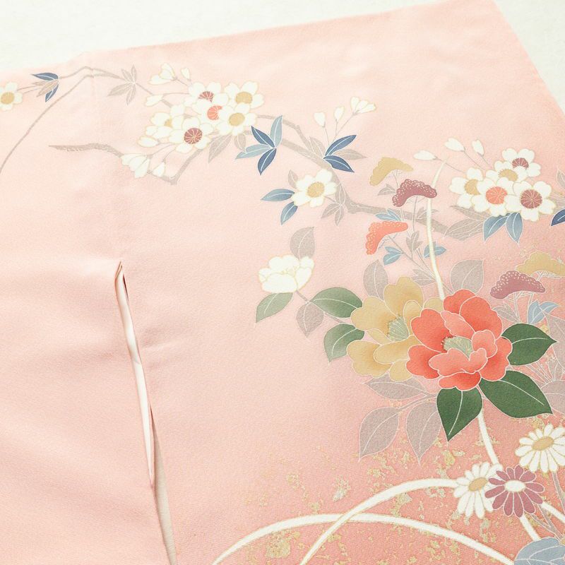 訪問着 良品 縮緬 正絹 花柄 袷仕立て 身丈162.5cm 裄丈66.5cm 金彩 フォーマル 着物 ピンク_画像15