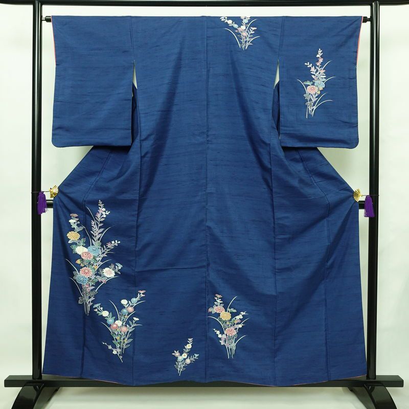付け下げ 正絹 紬地 花柄 袷仕立て 身丈157.5cm 裄丈65cm 着物 青・紺_画像1