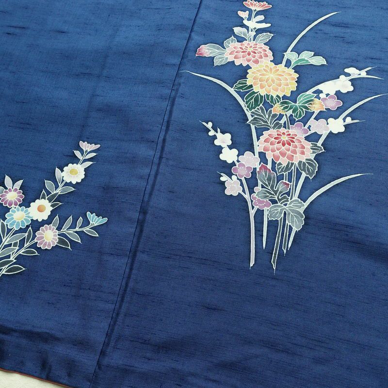 付け下げ 正絹 紬地 花柄 袷仕立て 身丈157.5cm 裄丈65cm 着物 青・紺_画像10