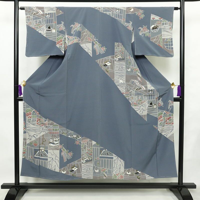 訪問着 良品 落款入り しつけ糸付き 縮緬 正絹 古典柄 袷仕立て 身丈151cm 裄丈63cm 箔 フォーマル 着物 青・紺_画像1