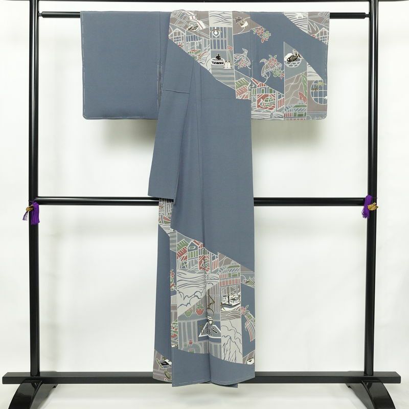 訪問着 良品 落款入り しつけ糸付き 縮緬 正絹 古典柄 袷仕立て 身丈151cm 裄丈63cm 箔 フォーマル 着物 青・紺_画像2